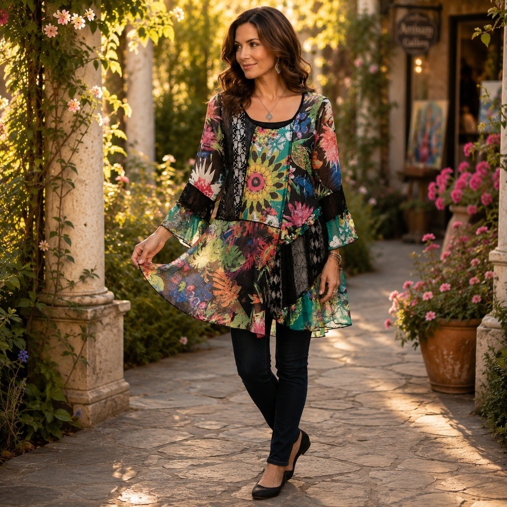 Dor Dor Couture Patchwork Floral Lace Sheer Tunic Top M Artsy Boho Boutique